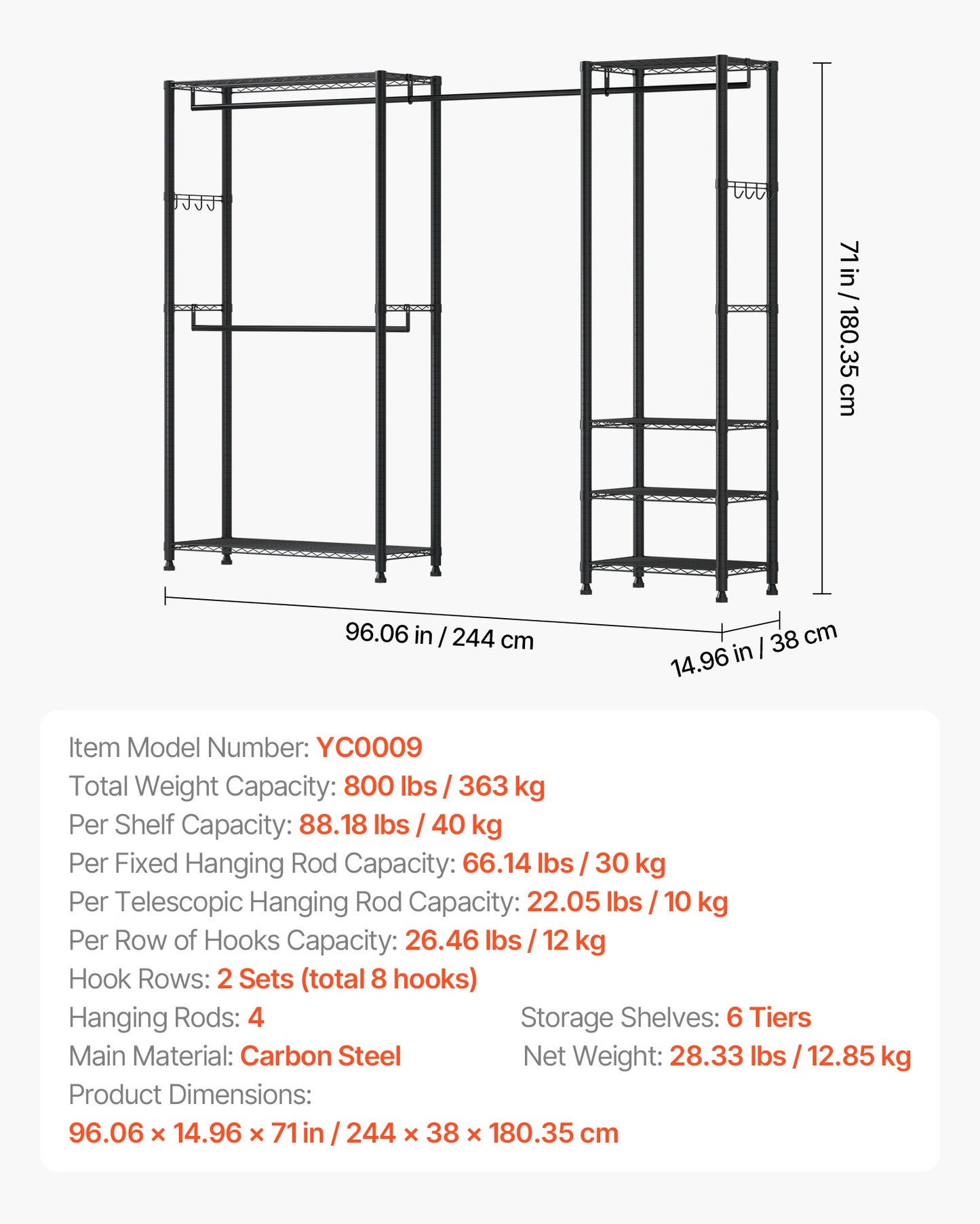 Clothing Garment Rack, Heavy Duty Clothes Rack, Freestanding Clothes Racks with Steel Frame, 363 kg Load Capacity Closet Wardrobe with Storage Shelves for Bedroom, Clothing Store, Hallway
