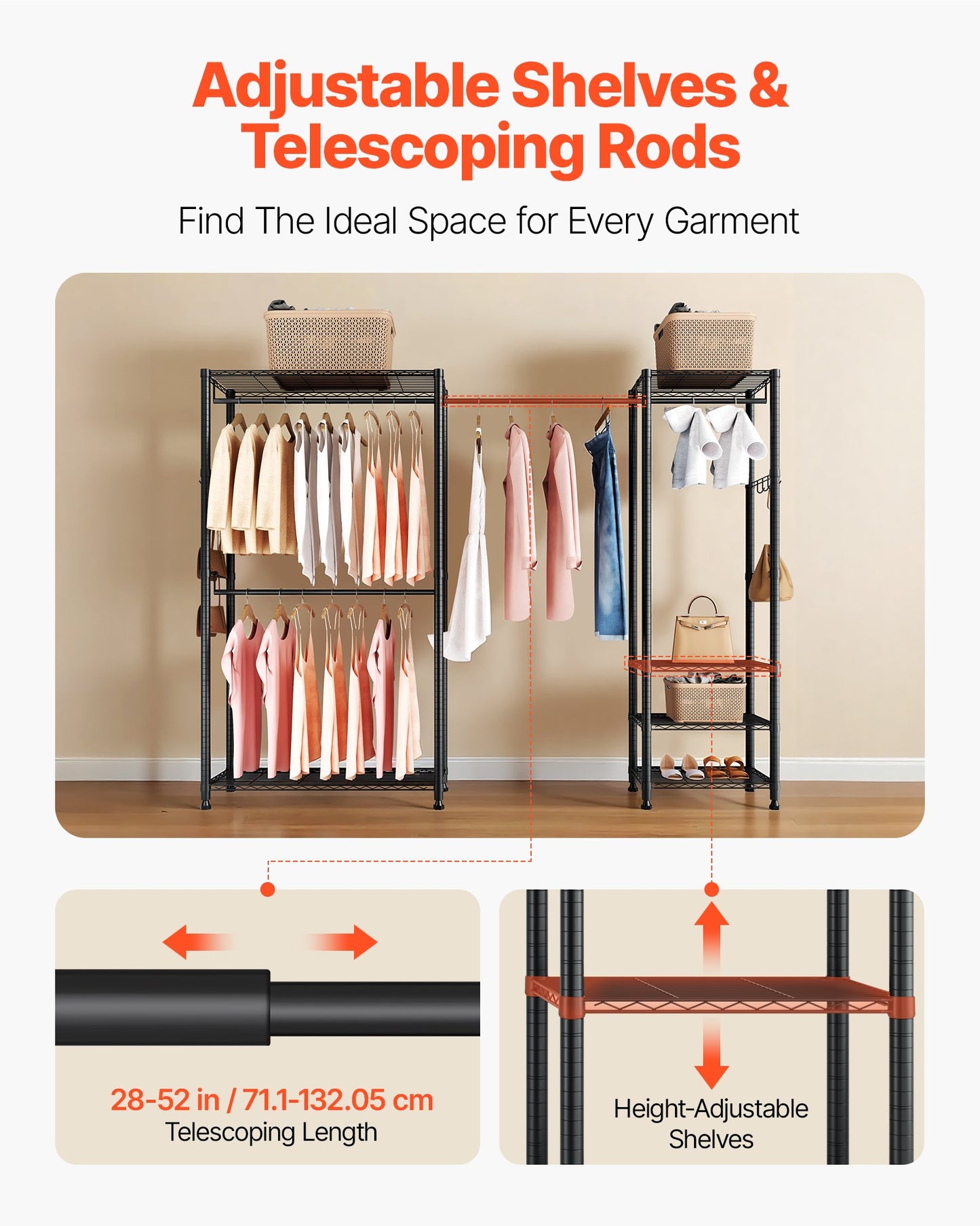 Clothing Garment Rack, Heavy Duty Clothes Rack, Freestanding Clothes Racks with Steel Frame, 363 kg Load Capacity Closet Wardrobe with Storage Shelves for Bedroom, Clothing Store, Hallway