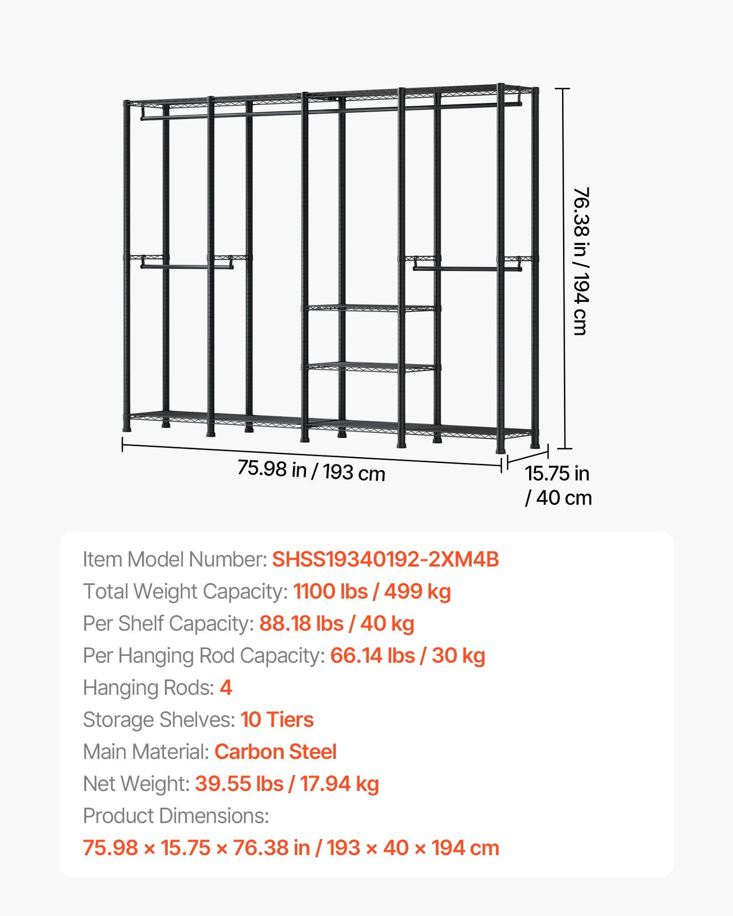 Klädställ, Kraftig garderob, Justerbara klädställningar med stålram, 499 kg lastkapacitet klädställ med 4 upphängningsstänger för sovrum, klädaffär, hall