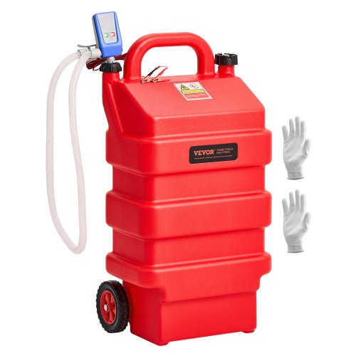 Bränslebehållare, 16 gallon, bärbar bränsletank med 12V DC 2.5 GPM elektrisk bränsleöverföringspump, 4 fots leveransslang och autostoppsensormunstycke, tankadaptrar, lämplig för diesel och bensin, röd