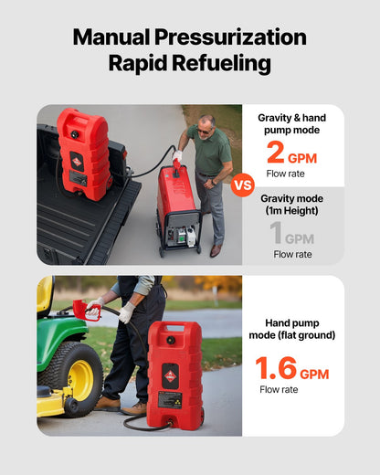 Bränslebehållare, 15 gallon, bärbar bränsletank med gravitations- och handpumplägen, bränsletankbehållare med hjul, 10 fots pumpslang och manuell pump, bensinbehållare för motorbåtar, fyrhjulingar, bensin och diesel