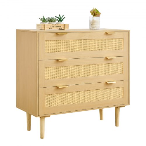 3 Drawer Rattan Dresser, Modern Closet Dresser for Bedroom, Natural Rattan Chest of Drawers with Metal Handles & Wooden Legs, Chest Clothing Organizer & Storage for Bedroom, Living Room, Hallway