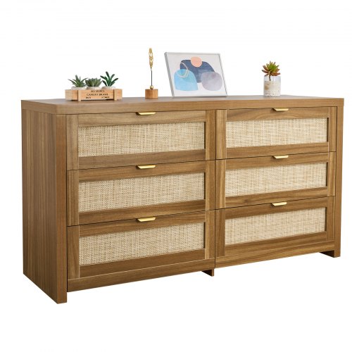 6 Drawer Rattan Dresser, Double Dresser for Bedroom, Natural Rattan Chest of Drawer with Metal Handle, Modern Wood Chest Clothing Organizer & Storage for Bedroom, Living Room, Hallway, Walnut