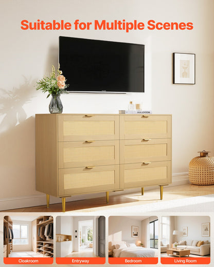 6 Drawer Rattan Dresser, Double Dresser for Bedroom, Natural Rattan Chest of Drawers with Metal Handles & Legs, Modern Wood Chest Clothing Organizer & Storage for Bedroom, Living Room, Hallway