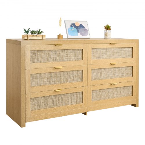 6 Drawer Rattan Dresser, Double Dresser for Bedroom, Natural Rattan Chest of Drawer with Metal Handle, Modern Wood Chest Clothing Organizer & Storage for Bedroom, Living Room, Hallway, Burlywood