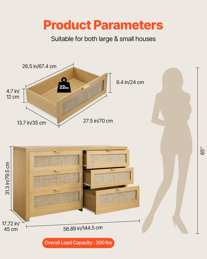 6 Drawer Rattan Dresser, Double Dresser for Bedroom, Natural Rattan Chest of Drawer with Metal Handle, Modern Wood Chest Clothing Organizer & Storage for Bedroom, Living Room, Hallway, Burlywood