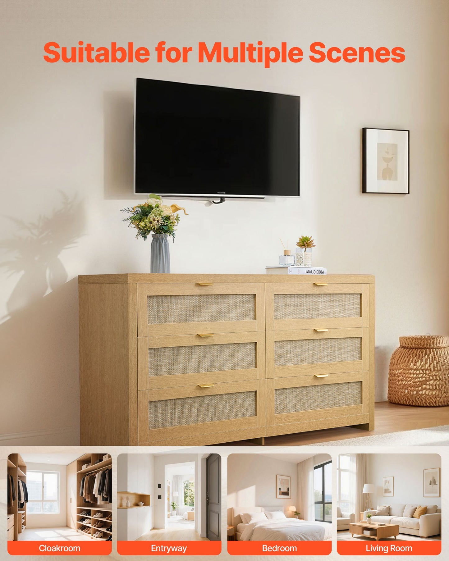 6 Drawer Rattan Dresser, Double Dresser for Bedroom, Natural Rattan Chest of Drawer with Metal Handle, Modern Wood Chest Clothing Organizer & Storage for Bedroom, Living Room, Hallway, Burlywood