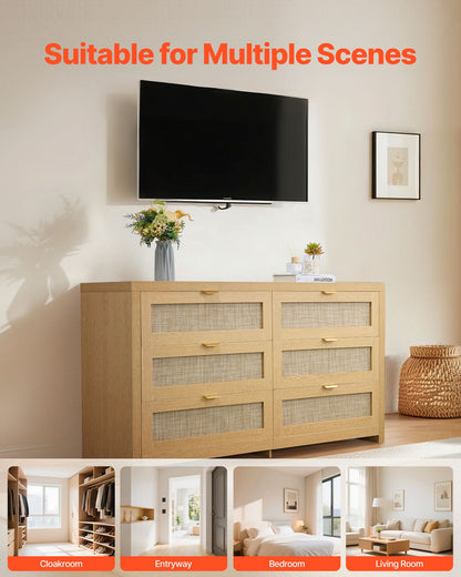 6 Drawer Rattan Dresser, Double Dresser for Bedroom, Natural Rattan Chest of Drawer with Metal Handle, Modern Wood Chest Clothing Organizer & Storage for Bedroom, Living Room, Hallway, Burlywood