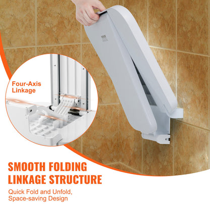 Hopfällbar ABS-duschstol, 15,7'' x 16,7'' utfälld, väggmonterad hopfällbar duschbänk med 200 kg lastkapacitet, platsbesparande hopfällbar duschstol för seniorer, gravida kvinnor, barn, vuxna