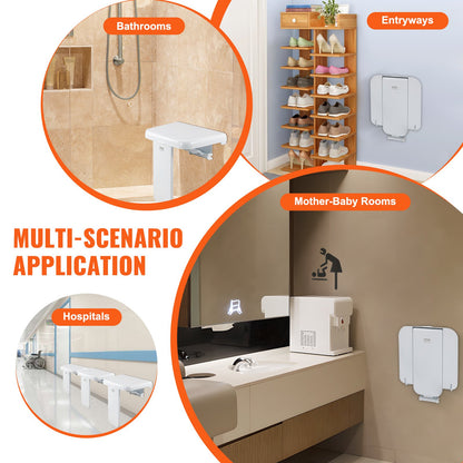 Folding ABS Shower Seat, 15.7'' x 16.7'' Unfolded, Wall Mounted Fold Up Shower Bench with 440 lbs Load Capacity, Space Saving Fold Down Shower Chair for Seniors Pregnant Women Children Adults