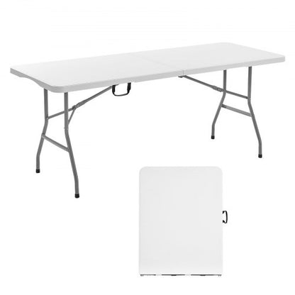 Folding Table, 6 Ft Heavy Duty Portable Fold-in-Half Utility Table, Indoor Outdoor Plastic Rectangle Table with Built in Handle, for Party, Dining, Wedding, Events, Picnic, Camping, White