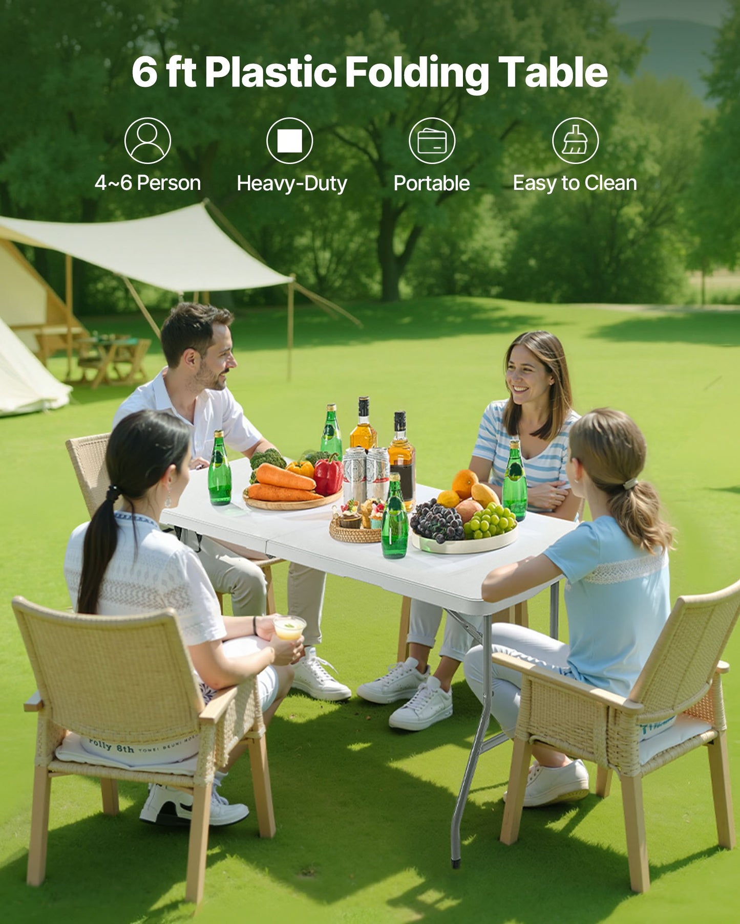 Folding Table, 6 Ft Heavy Duty Portable Fold-in-Half Utility Table, Indoor Outdoor Plastic Rectangle Table with Built in Handle, for Party, Dining, Wedding, Events, Picnic, Camping, White