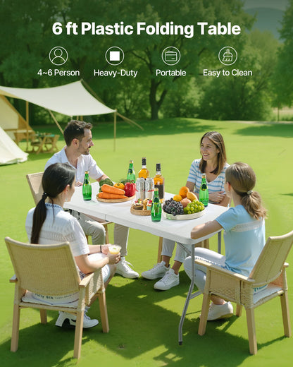 Folding Table, 6 Ft Heavy Duty Portable Fold-in-Half Utility Table, Indoor Outdoor Plastic Rectangle Table with Built in Handle, for Party, Dining, Wedding, Events, Picnic, Camping, White