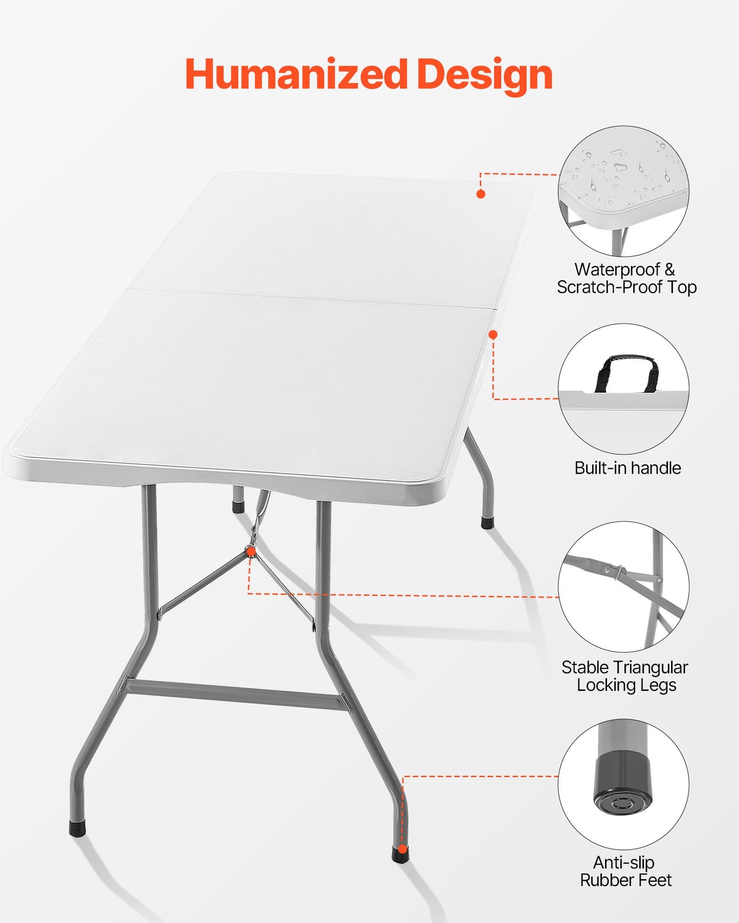 Folding Table, 6 Ft Heavy Duty Portable Fold-in-Half Utility Table, Indoor Outdoor Plastic Rectangle Table with Built in Handle, for Party, Dining, Wedding, Events, Picnic, Camping, White