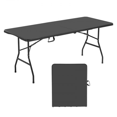 Folding Table, 6 Ft Heavy Duty Portable Fold-in-Half Utility Table, Indoor Outdoor Plastic Rectangle Table with Built in Handle, for Party, Dining, Wedding, Events, Picnic, Camping, Black