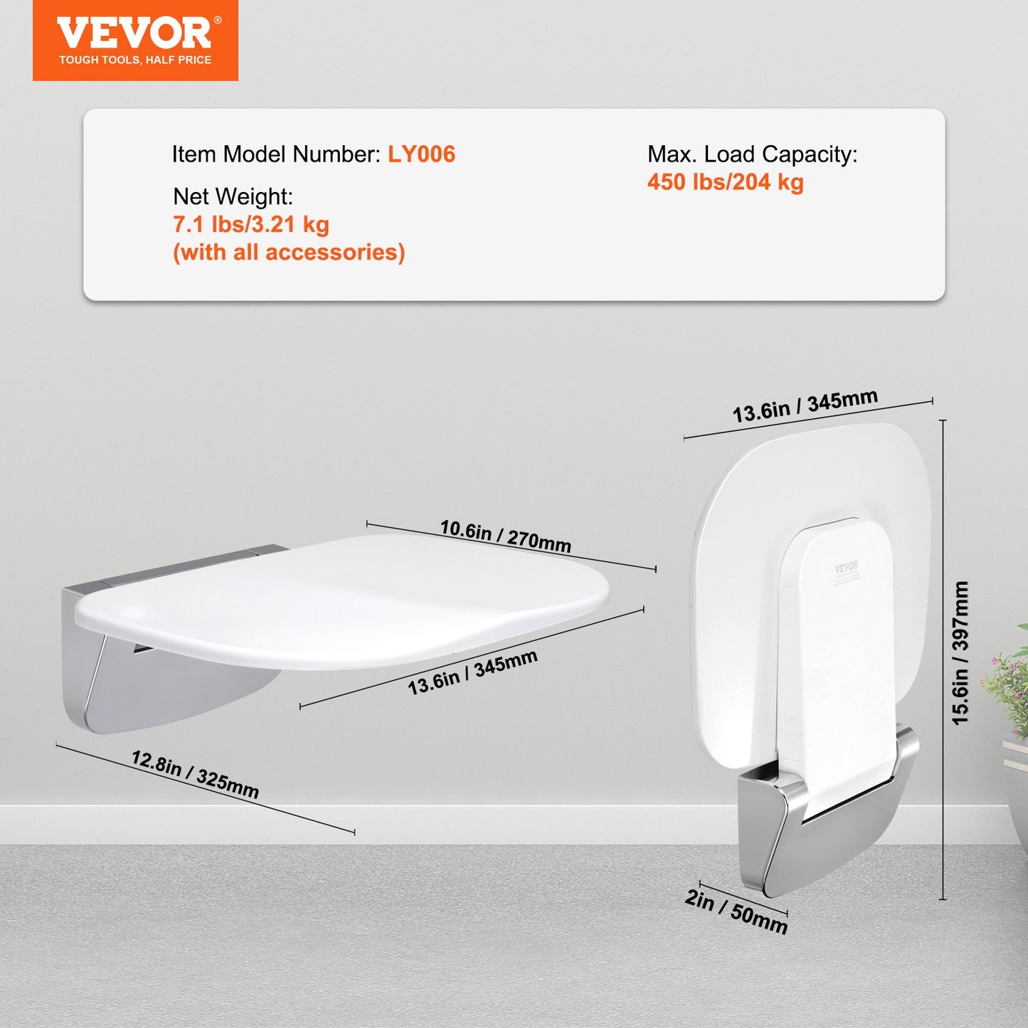 Folding Shower Seat 13.6"/34.5 cm x 12.8"/32.5 cm Wall Mounted Shower Bench 450 lbs/204.1 kg