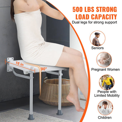 Hopfällbar duschstol i PE, 15,7'' x 14,8'' utfälld, väggmonterad hopfällbar duschbänk med 500 lbs lastkapacitet, platsbesparande hopfällbar duschstol för seniorer, gravida kvinnor, barn, vuxna