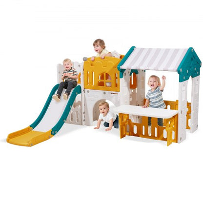 Outdoor Playhouse, Versatile Toddler Playground with Slide, Basketball, Telescope, Steering Wheel, Crawling Tunnel, Sales Window, Toddler Playset for Aged 1+, Open Play Structure, HDPE Plastic