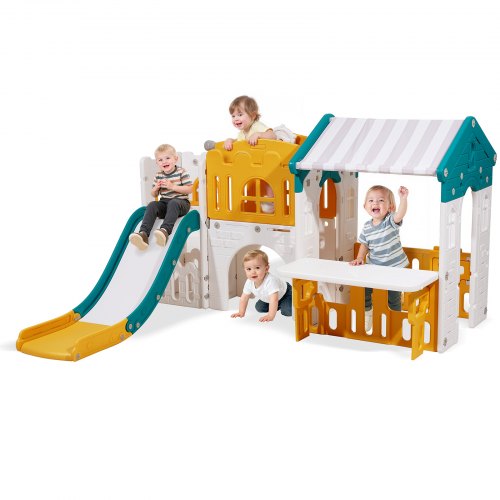 Outdoor Playhouse, Versatile Toddler Playground with Slide, Basketball, Telescope, Steering Wheel, Crawling Tunnel, Sales Window, Toddler Playset for Aged 1+, Open Play Structure, HDPE Plastic