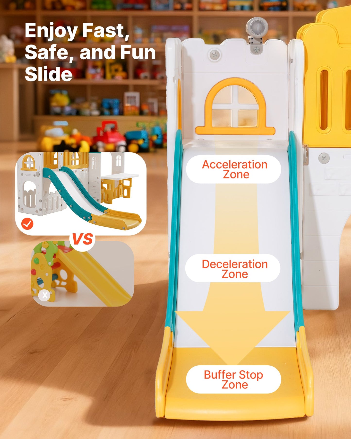 Outdoor Playhouse, Versatile Toddler Playground with Slide, Basketball, Telescope, Steering Wheel, Crawling Tunnel, Sales Window, Toddler Playset for Aged 1+, Open Play Structure, HDPE Plastic