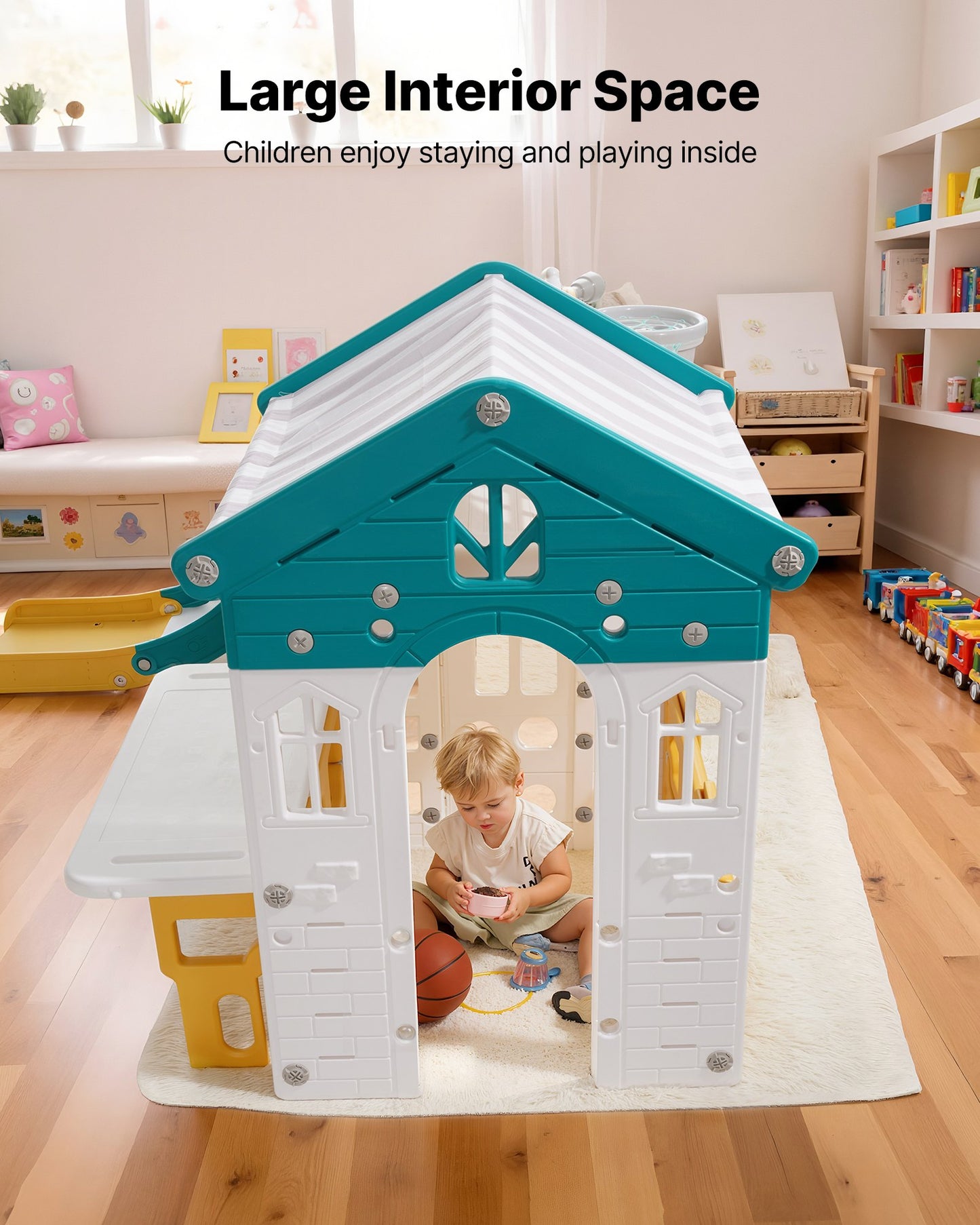 Outdoor Playhouse, Versatile Toddler Playground with Slide, Basketball, Telescope, Steering Wheel, Crawling Tunnel, Sales Window, Toddler Playset for Aged 1+, Open Play Structure, HDPE Plastic