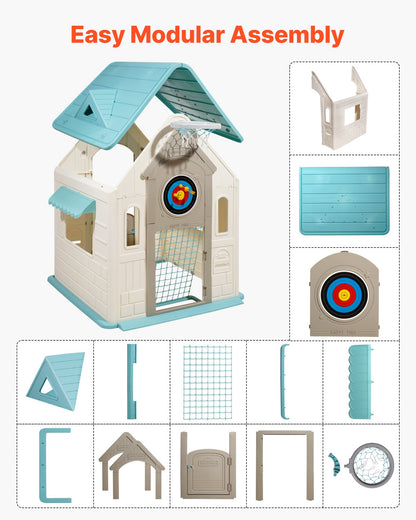 Outdoor Playhouse, 5-In-1 Cottage Play House with Pretend Play, Basketball, Darts, Soccer, Ring Toss, Window & Convenient Door, Toddler Slide Set for Aged 2+, Smooth Edges, Polypropylene Plastic