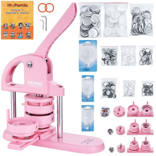 Button Maker, 1/1.25/2.28 inch(25/32/58mm) 3-IN-1 Pin Maker, 300pcs Button Parts, Button Maker Machine with Panda Magic Book, Ergonomic Arc Handle Punch Press Kit, For Children DIY Gifts, Pink