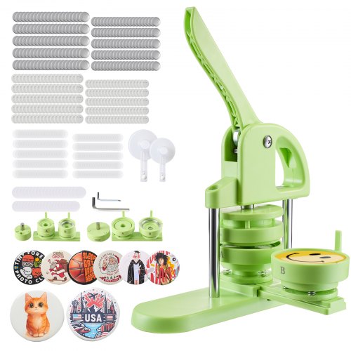Button Maker Machine, 32 mm / 58 mm 2-in-1, Plastic Pin Maker with 200 pcs Button Parts, Circle Cutter and Magic Book, Reinforced Ergonomic Handle, for DIY Badges, Personalized Pins, Green