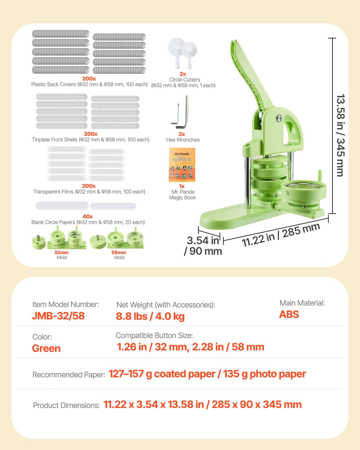 Button Maker Machine, 32 mm / 58 mm 2-in-1, Plastic Pin Maker with 200 pcs Button Parts, Circle Cutter and Magic Book, Reinforced Ergonomic Handle, for DIY Badges, Personalized Pins, Green
