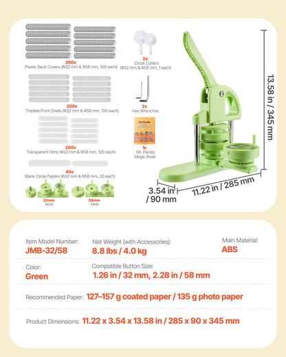 Button Maker Machine, 32 mm / 58 mm 2-in-1, Plastic Pin Maker with 200 pcs Button Parts, Circle Cutter and Magic Book, Reinforced Ergonomic Handle, for DIY Badges, Personalized Pins, Green