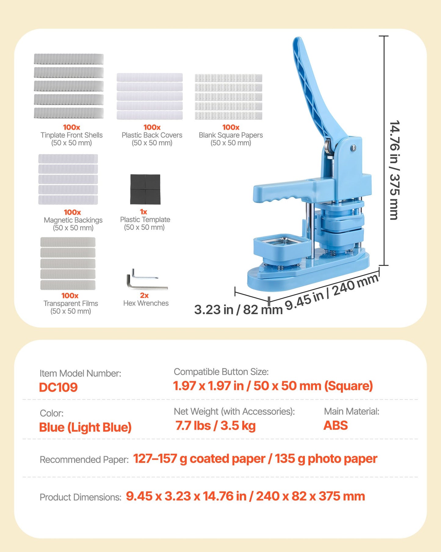 Knappmaskin, 50 x 50 mm fyrkantig, plastnålstillverkare med framskal i plåt, bakstycke i plast, magnetiska baksidor och transparenta filmer, ergonomiskt handtag, för gör-det-själv-märken, blå