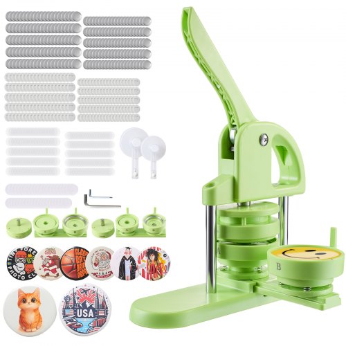 Button Maker Machine, 58 mm / 75 mm 2-in-1, Plastic Pin Maker with 200 pcs Button Parts, Circle Cutter and Magic Book, Reinforced Ergonomic Handle, for DIY Badges, Personalized Pins, Green