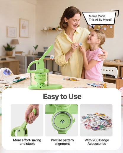 Button Maker Machine, 58 mm / 75 mm 2-in-1, Plastic Pin Maker with 200 pcs Button Parts, Circle Cutter and Magic Book, Reinforced Ergonomic Handle, for DIY Badges, Personalized Pins, Green