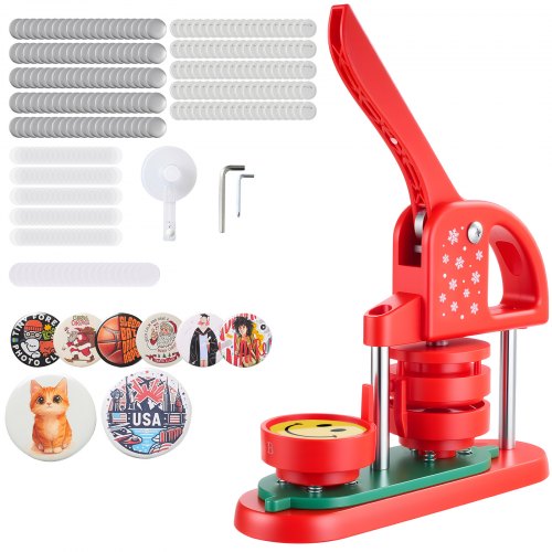 Button Maker Machine, 58 mm, Plastic Pin Maker with 100pcs Button Parts, Circle Cutter and Hex Wrenches, Reinforced Ergonomic Handle, for DIY Badges, Personalized Pins and Key Chains, Red