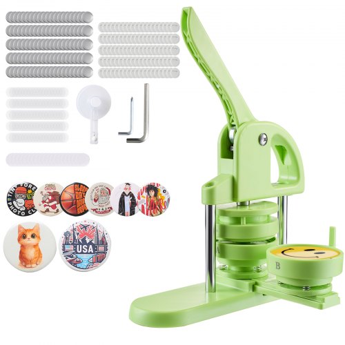 Button Maker Machine, 75 mm, Plastic Pin Maker with 100pcs Button Parts, Circle Cutter and Magic Book, Reinforced Ergonomic Handle, for DIY Badges, Personalized Pins and Key Chains, Green