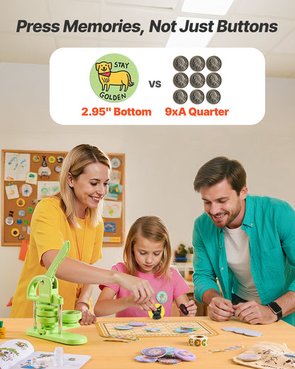 Knappmaskin, 75 mm, plastnålstillverkare med 100 st knappdelar, cirkelskärare och magisk bok, förstärkt ergonomiskt handtag, för gör-det-själv-märken, personliga nålar och nyckelringar, grön