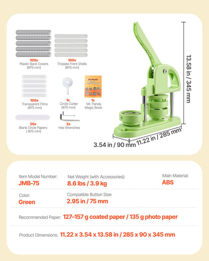 Knappmaskin, 75 mm, plastnålstillverkare med 100 st knappdelar, cirkelskärare och magisk bok, förstärkt ergonomiskt handtag, för gör-det-själv-märken, personliga nålar och nyckelringar, grön