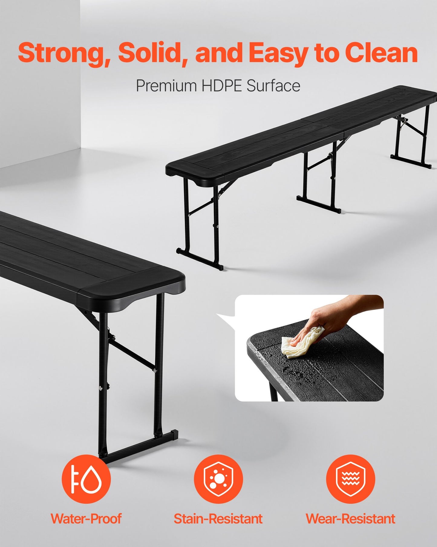 Hopfällbar plastbänk, 1,8 meter bärbar bänk för inomhus/utomhus picknick, fest, uteplats, camping, middag, hopfällbar slät HDPE-sits för trädgårdsfotboll, mångsidiga underhållningsaktiviteter, 1-pack, svart