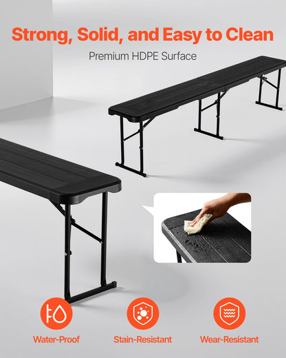 Hopfällbar plastbänk, 1,8 meter bärbar bänk för inomhus/utomhus picknick, fest, uteplats, camping, middag, hopfällbar slät HDPE-sits för trädgårdsfotboll, mångsidiga underhållningsaktiviteter, 1-pack, svart