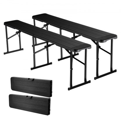 Plastic Folding Bench, 6 ft Portable Bench for Outdoor Picnic Party Camping Dining, Foldable Smooth HDPE Seat for Garden Soccer Multipurpose Entertaining Activities, 2 Pack, 2 Carry Bags, Black