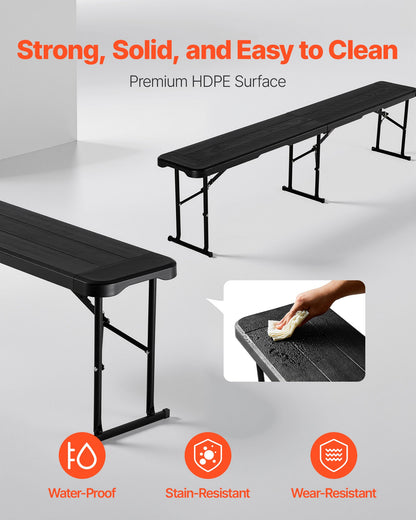 Plastic Folding Bench, 6 ft Portable Bench for Outdoor Picnic Party Camping Dining, Foldable Smooth HDPE Seat for Garden Soccer Multipurpose Entertaining Activities, 2 Pack, 2 Carry Bags, Black