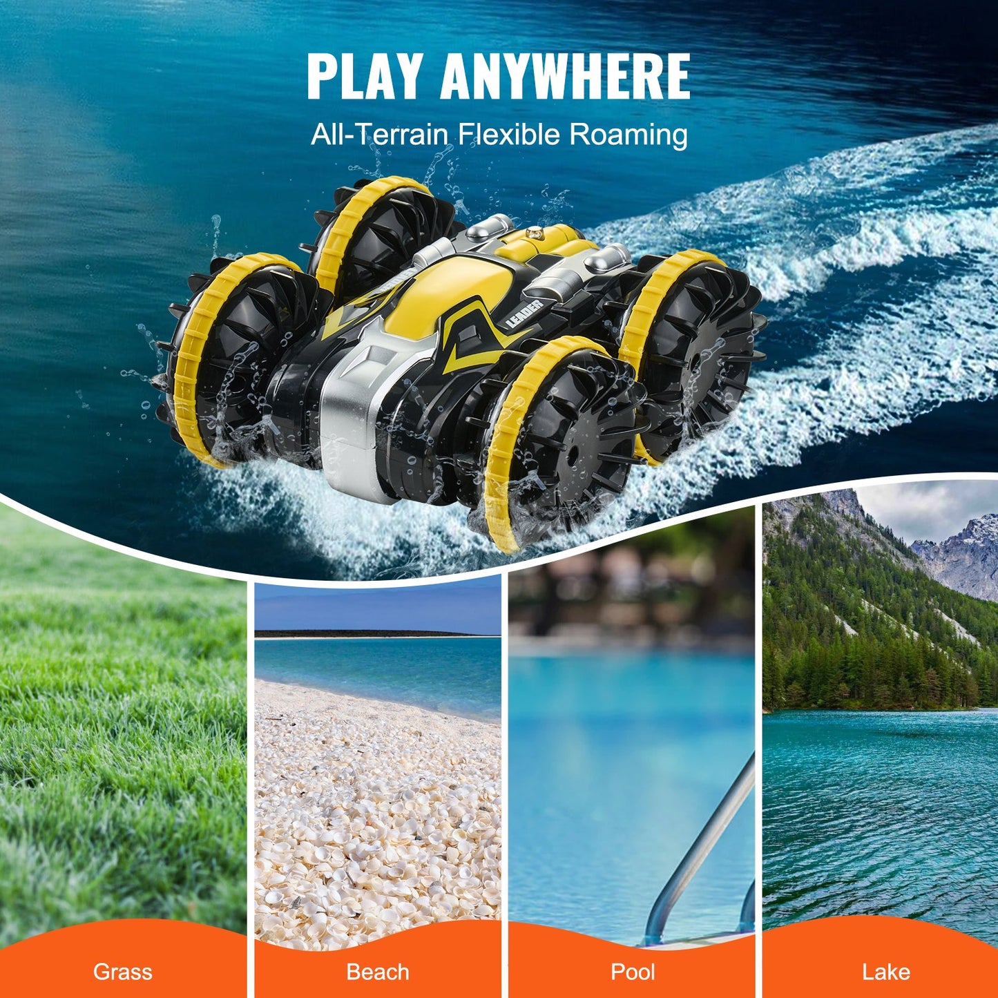 Amfibisk fjärrstyrd bil och båt, 2,4 GHz 12 km/h, 4WD vattentät RC-bil för barn, 360° roterande stuntbil med 2 batterier, terrängleksak för vattenstrand och pool för pojkar och flickor från 6 år, gul