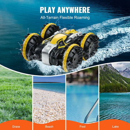 Amfibisk fjärrstyrd bil och båt, 2,4 GHz 12 km/h, 4WD vattentät RC-bil för barn, 360° roterande stuntbil med 2 batterier, terrängleksak för vattenstrand och pool för pojkar och flickor från 6 år, gul