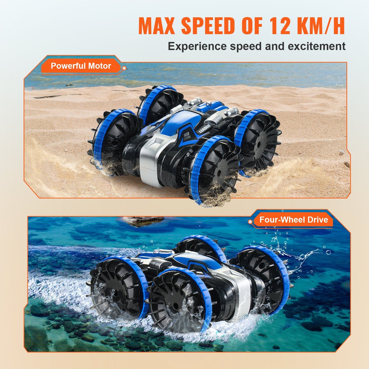 Amphibious Remote Control Car Boat, 2.4GHz 12 km/h, 4WD Waterproof RC Car for Kids, 360° Rotating Stunt Car with 2 Batteries, All Terrain Water Beach Pool Toy for 6+ Year Old Boys Girls, Blue