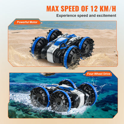 Amphibious Remote Control Car Boat, 2.4GHz 12 km/h, 4WD Waterproof RC Car for Kids, 360° Rotating Stunt Car with 2 Batteries, All Terrain Water Beach Pool Toy for 6+ Year Old Boys Girls, Blue