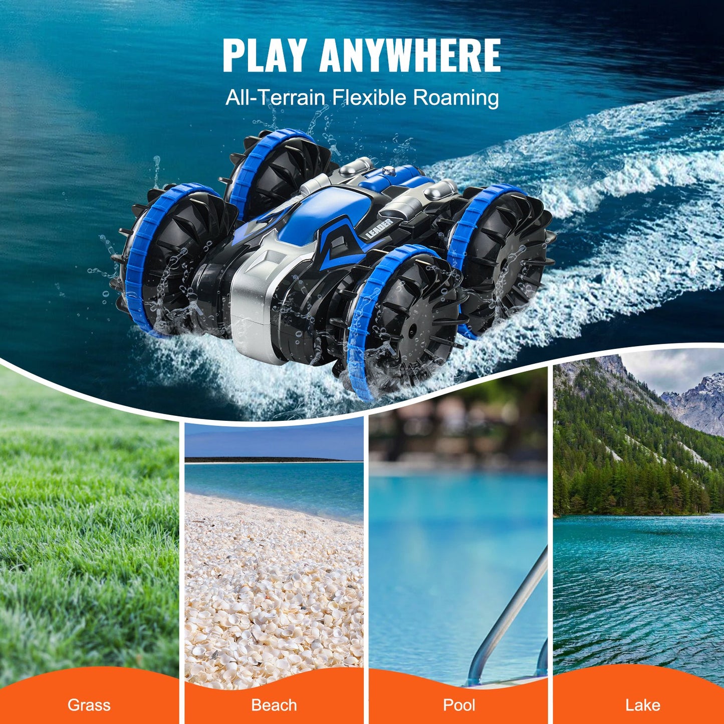 Amphibious Remote Control Car Boat, 2.4GHz 12 km/h, 4WD Waterproof RC Car for Kids, 360° Rotating Stunt Car with 2 Batteries, All Terrain Water Beach Pool Toy for 6+ Year Old Boys Girls, Blue