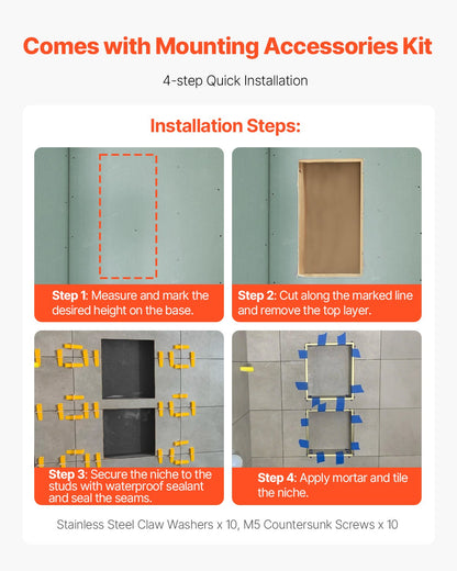 Shower Niche, 40.6 x 71.1 x 10.2 cm Recessed Wall Niche with Movable Divider Shelf, Modern Soap & Shampoo Storage Organizer,Square Corners,Sealed Waterproof Design,Black for Bathroom