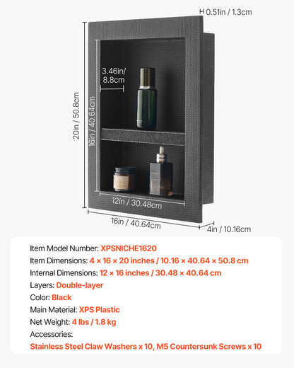 Duschnisch, 40,6 x 50,8 x 10,2 cm infälld väggnisch med flyttbar avdelarhylla, modern tvål- och schampoförvaring, fyrkantiga hörn, förseglad vattentät design, svart för badrumsdusch