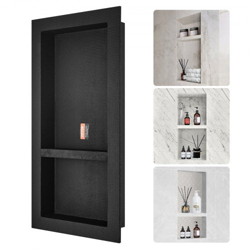 Shower Niche Ready for Tile 40.64 x 81.28 cm, Double Shelf Organizer, Square Corners Wall-inserted Niche Recessed, Sealed Protection Modern Soap Storage Niche for Shower Bathroom, Black