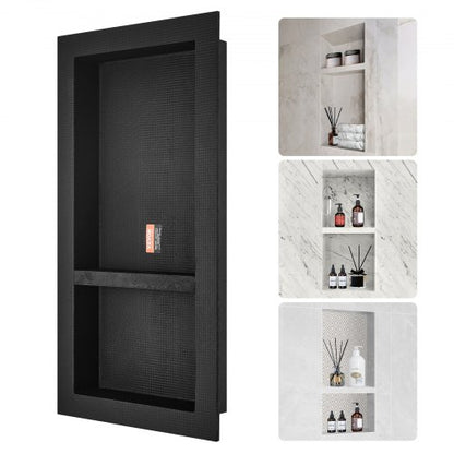 Shower Niche Ready for Tile 40.64 x 81.28 cm, Double Shelf Organizer, Square Corners Wall-inserted Niche Recessed, Sealed Protection Modern Soap Storage Niche for Shower Bathroom, Black